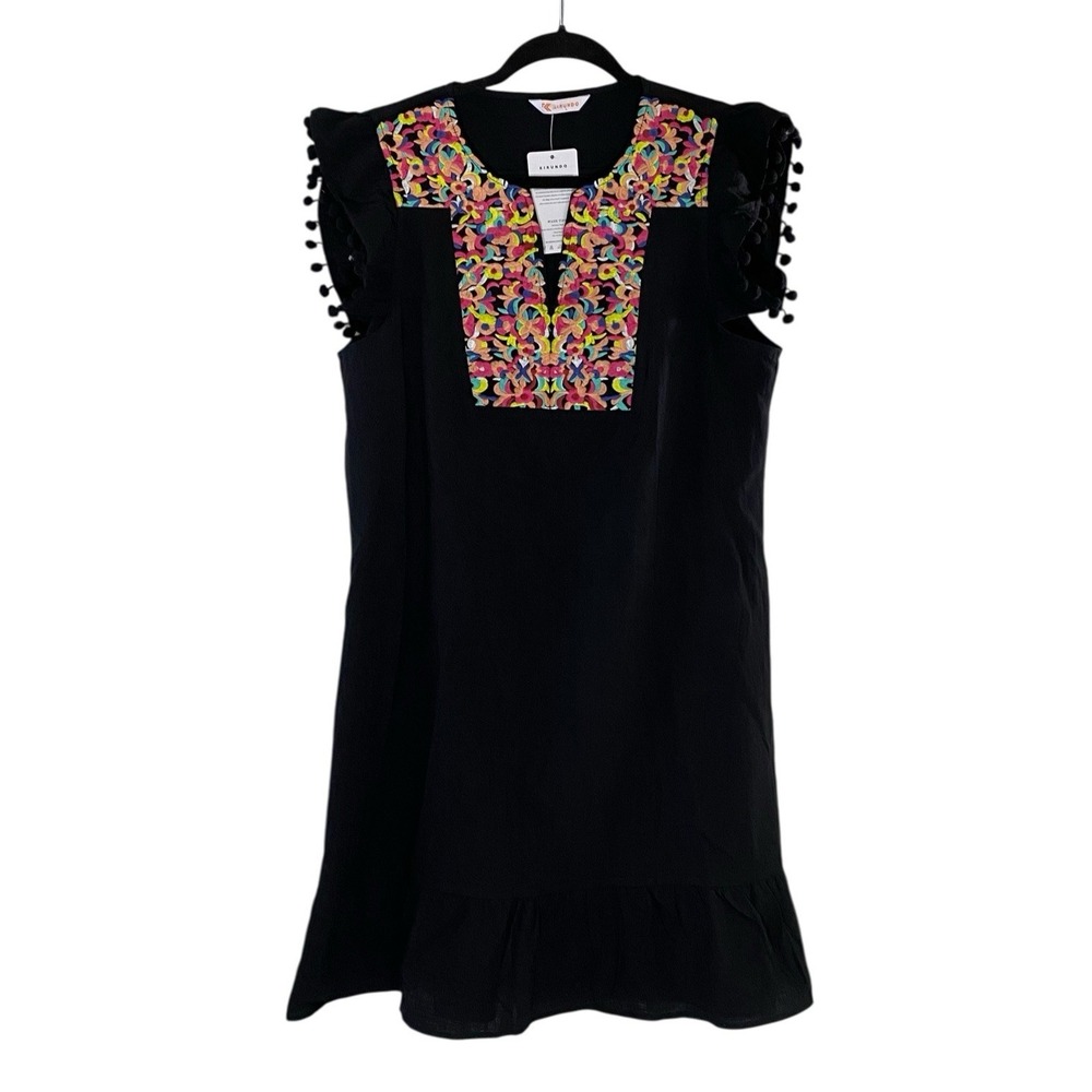 Kirundo Black Embroidered Mini Dress L Womens V Neck Cap Sleeve Pullover Boho